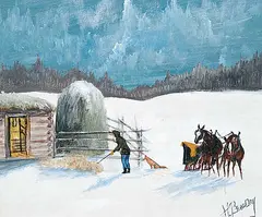Henry Beaudry, Untitled - Getting Hay for The Horses, acrylic on canvas board