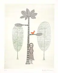 Keiko Minami, Untitled - Girl under a Tree #E.A., colour etching on paper