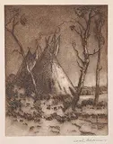 Carl Henry Von Ahrens, Untitled - Indian Teepees, etching on paper