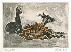 Alistair Macready Bell, Llamas #14/75, 1961, two colour etching on paper