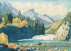 Margaret Shelton, Bow Falls at Banff, 1972, lino block in eight colours on paper