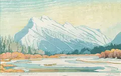 Margaret Shelton, Mount Rundle in March #31/100, 1978, lino block in eight colours on paper