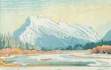 Mount Rundle in March #31/100 by Margaret Shelton, 1978, lino block in eight colours on paper, sold Nov 2006