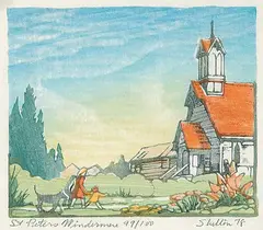 Margaret Shelton, Saint Peters, Windermere #91/100, 1977, lino block in eight colours on paper