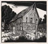 Shooks Barn, Hatzic, B.C. #17/50 by Margaret Shelton, 1942, lino block on paper, sold Nov 2006