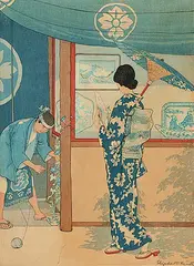 Elizabeth Keith, Untitled - Lady in the Market, colour wood block on paper