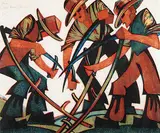 Mowers #8/60 by Sybil Andrews, 1937, colour lino block on paper, sold Nov 2006