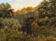 Edward Horace Thompson, Evening Light, A Silent Pool on the River Cocker, Near Lowiswater, 1921, oil on wood board