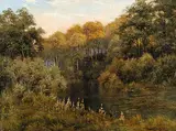 Edward Horace Thompson, Evening Light, A Silent Pool on the River Cocker, Near Lowiswater, 1921, oil on wood board