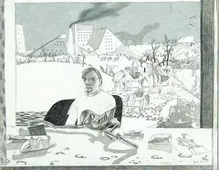 Ivan Eyre, Untitled - Portrait with Wheeled Horses in Landscape, 1977, mixed media on paper