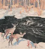 Deer, Kananaskis #51/100 by A.C. and Barbara Leighton - Barleigh, colour wood block on paper, sold Nov 2006