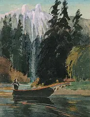James Blomfield, Untitled - A Canoeist with the Lions in Background, watercolour on paper