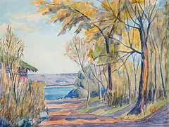Laura A. Lamont, Untitled - Cabin at the Lake, 1950, watercolour on paper