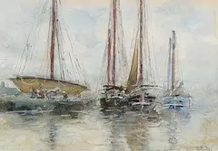 Charles Eugene Moss, Untitled - Boats at Bay, watercolour on paper
