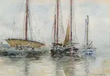 Charles Eugene Moss, Untitled - Boats at Bay, watercolour on paper