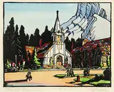 Banff Avenue by Margaret Shelton, 1943, hand coloured lino block on paper, sold Nov 2006