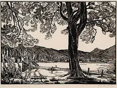 Margaret Shelton, Pine on Lucerne Lake #2/50, 1947, lino block on paper
