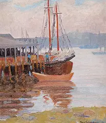 Roy Greenaway, Untitled - Ships at Dock, 1941, oil on canvas board