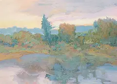 Wang Kui, Sunset Reflections, gouache on paper