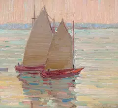 Frederick Nicholas Loveroff, Untitled - Sailboats at Full Mast, Evening Light, oil on paper laid down on board