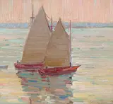 Frederick Nicholas Loveroff, Untitled - Sailboats at Full Mast, Evening Light, oil on paper laid down on board