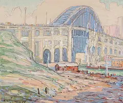 Frederick Nicholas Loveroff, Untitled - Busy City Bridge and River Scene, gouache on paper