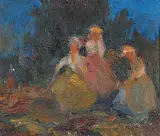 Hal Ross Perrigard, Three Girls at a Picnic, 1925, oil on wood board