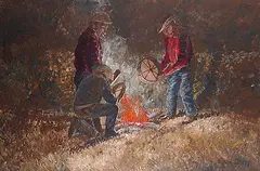 Allen Sapp, Tightening Drums for Sun Dance, 1969, acrylic on canvas