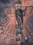 Nell Mary Bradshaw, House Post, from Alert Bay, B.C., oil on hard board