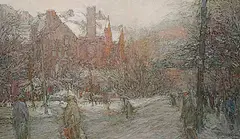 Donald Besco, Crossing University Avenue, oil on hard board