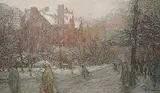 Donald Besco, Crossing University Avenue, oil on hard board