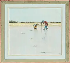 William Kurelek, Children Studying Prismatic Effects in Ice Cracks, 1966, oil on hard board