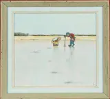 William Kurelek, Children Studying Prismatic Effects in Ice Cracks, 1966, oil on hard board