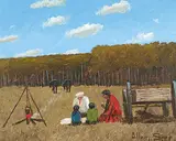 Allen Sapp, Cooking Supper, acrylic on canvas