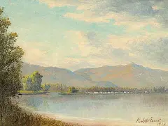 Henry Josiah de Forest, Untitled - B.C. Lake with Town in the Distance, 1915, oil on canvas board