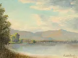 Henry Josiah de Forest, Untitled - B.C. Lake with Town in the Distance, 1915, oil on canvas board