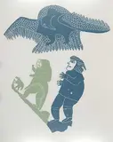 Leah Qumaluk, Untitled - Bird and Two Figures #16/30, 1964, colour relief print on paper