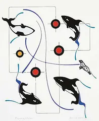 David B. Williams, Migrating Whales, 1989, hand coloured silkscreen on paper