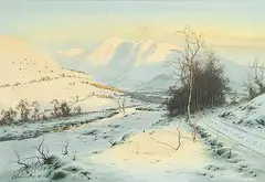 Edward Horace Thompson, Tinted with the Glow of Eventide, Skiddaw and the Veil of Keswick from above the Naddle Valley, watercolour on paper