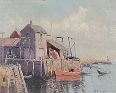 Homer G. Davisson, Untitled - Still Day at the Harbour, oil on hard board