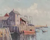 Homer G. Davisson, Untitled - Still Day at the Harbour, oil on hard board