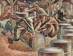 Robert Donald Bruce, Untitled - Moving Barrels, 1945, oil on paper board