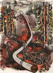 Robert Donald Bruce, Pipeline in Whiteshell, 1960, colour inks on paper