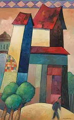 Gérard Castonguay, Untitled - Man and Houses, oil on paper