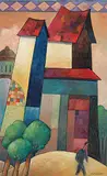 Gérard Castonguay, Untitled - Man and Houses, oil on paper