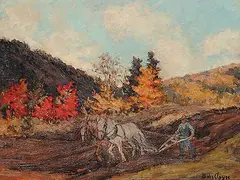 Berthe des Clayes, Autumn Plowing, Val Morin P.Q., oil on wood board