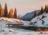 Winter Sunset by Roland Gissing, 1964, oil on canvas board, sold Apr 2005