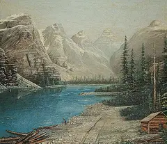 Thomas B. Patton, Untitled - Mountain Lake with Log Cabin, oil and mixed media on canvas board