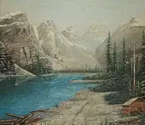 Thomas B. Patton, Untitled - Mountain Lake with Log Cabin, oil and mixed media on canvas board