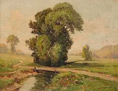 Peter Grabwinkler, Untitled - Pastoral Scene with Tree and Bridge, oil on canvas